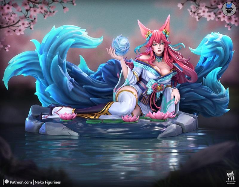 Ahri, the Nine-Tailed Fox Spirit from League of Legends, depicted as a 3D printable figure. She sits by a pond with l...