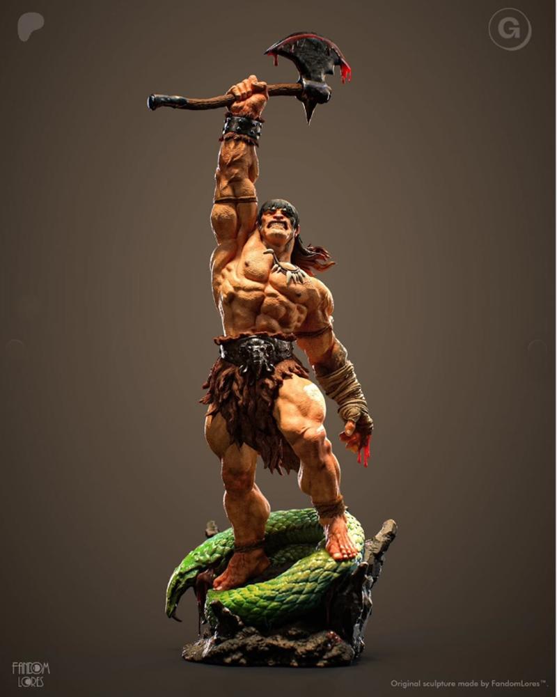 Muscular barbarian warrior with axe raised, standing on a green snake. Bloody axe, fur loincloth, arm wraps. Original...