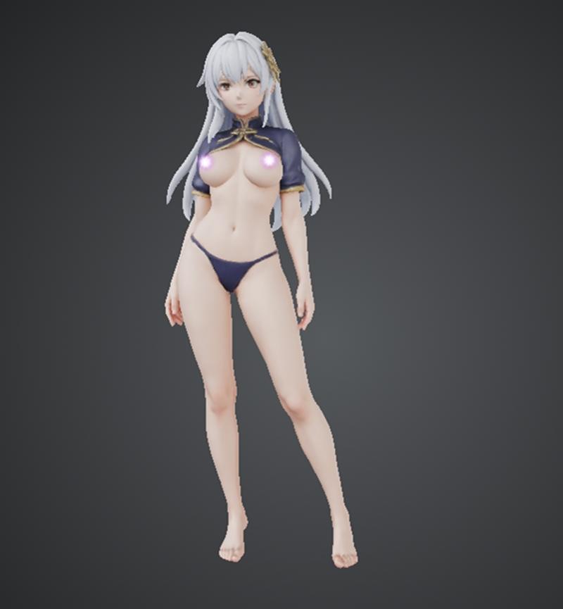Full body 3D model of a female character with white hair, wearing a dark blue qipao-inspired top and bikini bottoms....