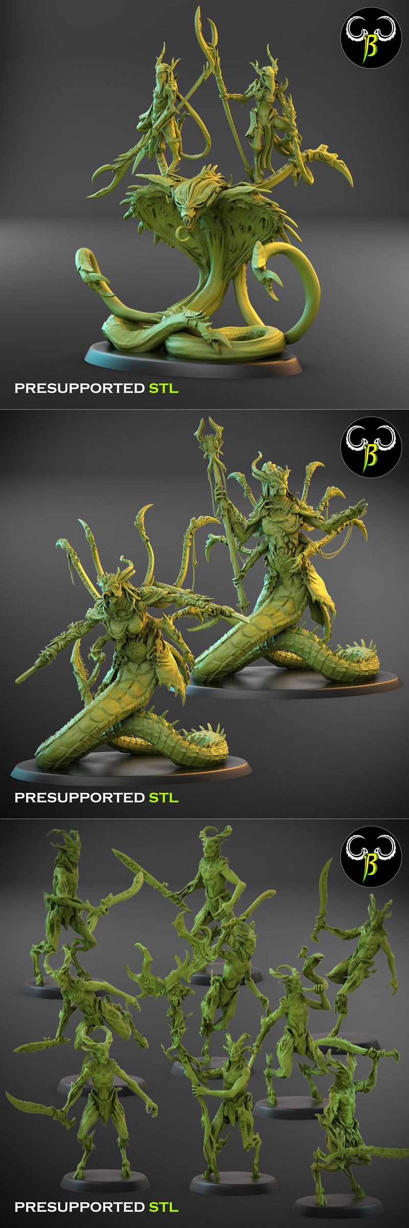Collection of detailed 3D printable miniatures featuring demonic figures with serpentine bodies, posed on small bases...