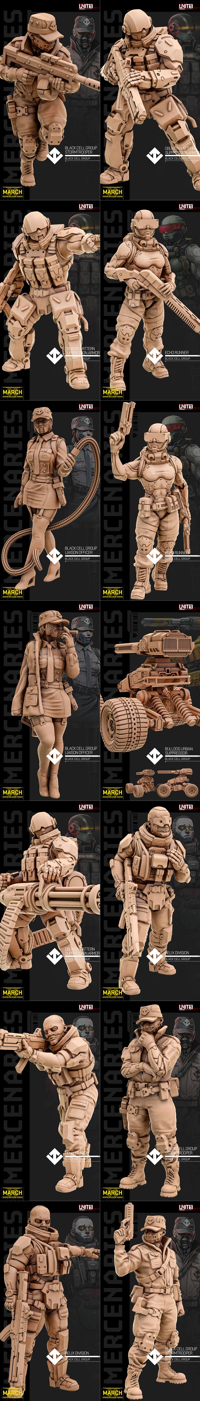 Collection of sci-fi mercenary 3D models: soldiers in futuristic armor, a tactical vehicle, and specialized units. Un...
