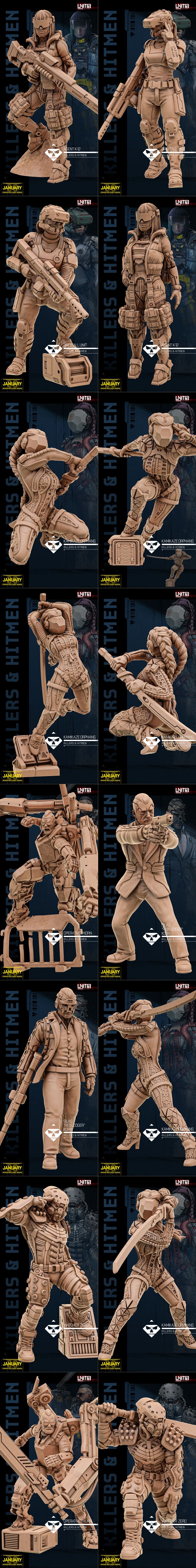 Collection of sci-fi miniatures including armored soldiers, cybernetic figures, and a suited character, all with deta...