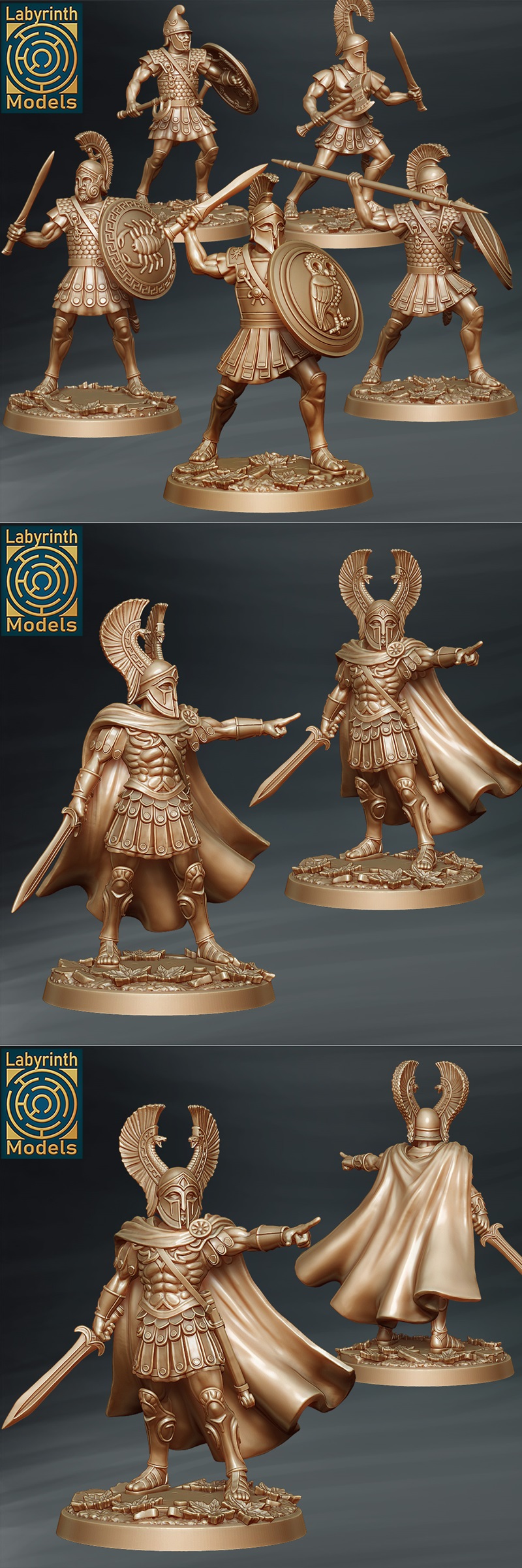 Collection of bronze-colored 3D printable miniatures of ancient Greek warriors, armed with spears, swords, axes, and...