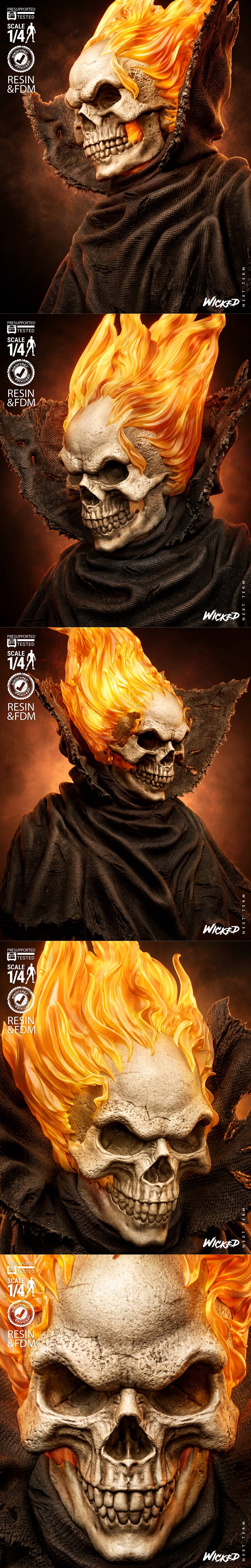 1:4 scale bust of Ghost Rider with a flaming skull head, wearing a tattered cloak, on a fiery base. Studio: Wicked.