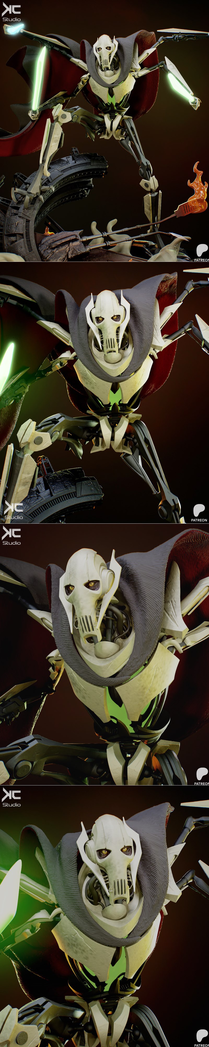 General Grievous figure with four lightsabers, wearing a cape, posed dynamically on a detailed diorama base with smok...