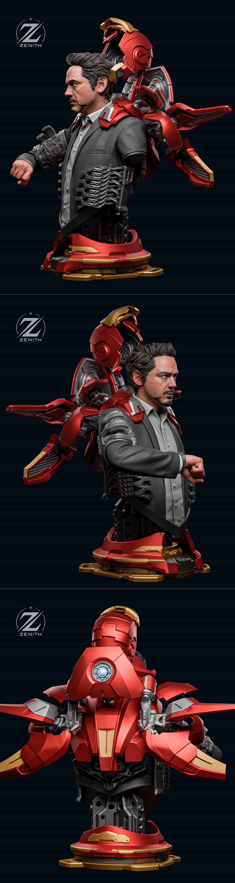 3D printable bust of Tony Stark in a suit, with red and gold mechanical Iron Man armor elements emerging from his sho...