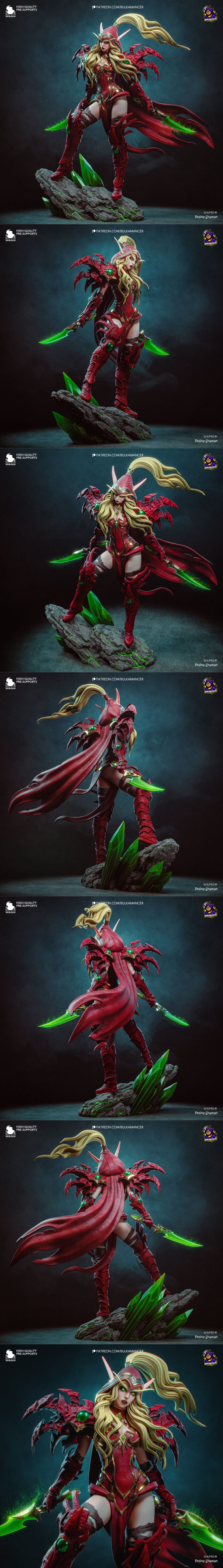 3D model figure of Valeera from World of Warcraft, wielding two glowing green daggers, wearing red and gold armor, st...