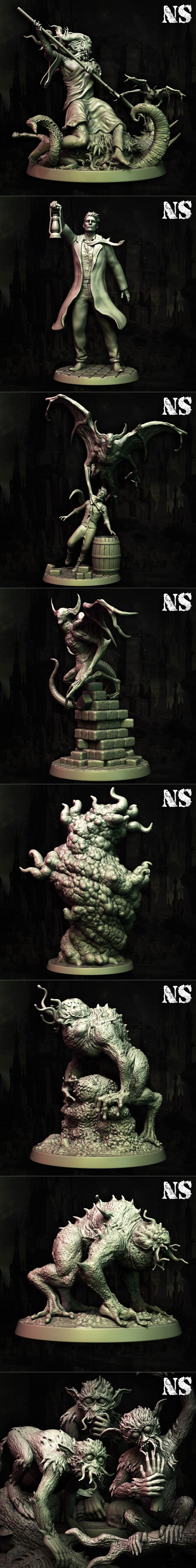 Collection of Lovecraftian miniatures: Nodens, Randolph Carter, S'ngac, MoonBeasts, Zoogs, Nightgaunts, and Cats of U...