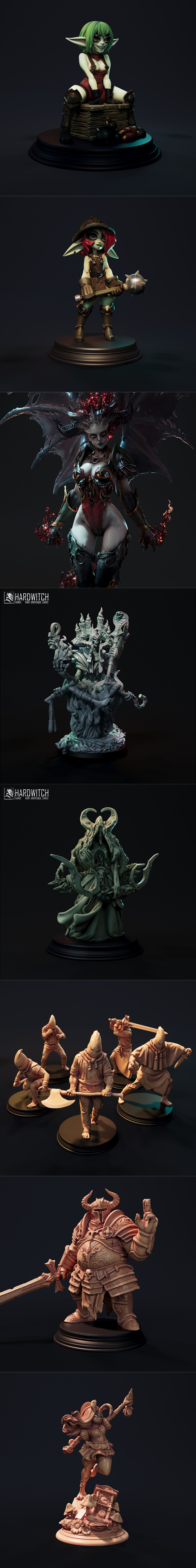 Collection of fantasy 3D printable miniatures: a winged demoness, an elf in green, and a witch with a book. Multiple...
