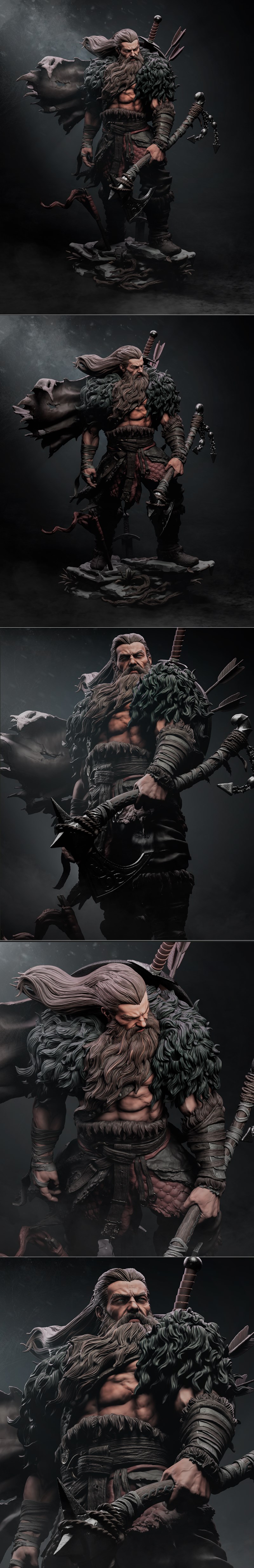 CA 3D Studios North Warrior 3D model: muscular barbarian with beard, fur trim, axe, shield with arrows, and sword, st...