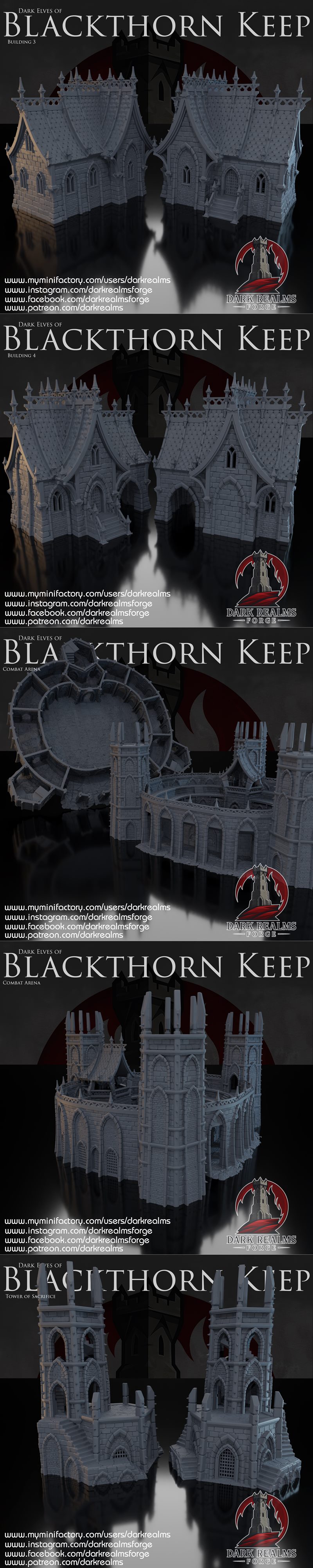 Gothic-style 3D printable models of Blackthorn Keep, featuring detailed architecture, towers, and battlements, presen...