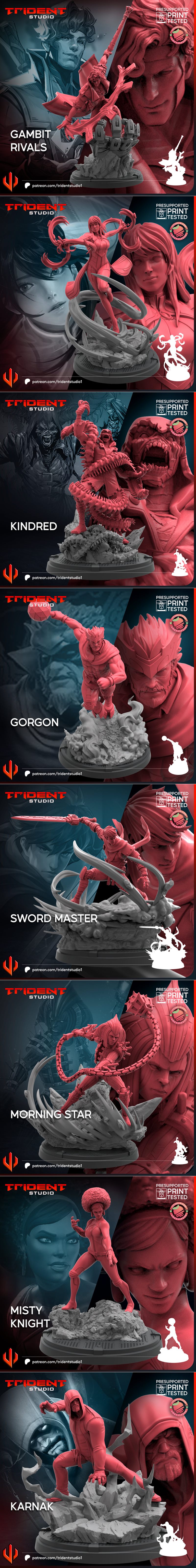 Collection of 3D printable models from Trident Studio, featuring Marvel-inspired characters like Gorgon, Misty Knight...