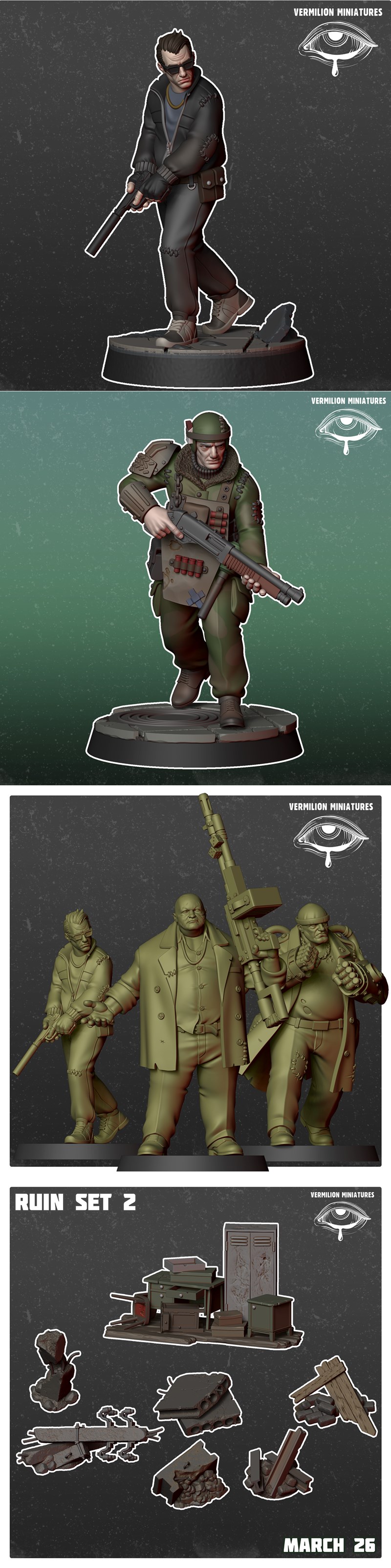 Collection of seven modern mercenary miniatures by Vermilion Miniatures, each on a small base, armed with various wea...