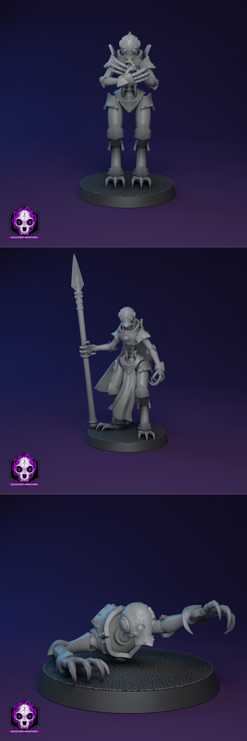 Three variations of a mechanical, humanoid creature with multiple arms, sharp claws, and sci-fi armor. One figure wie...