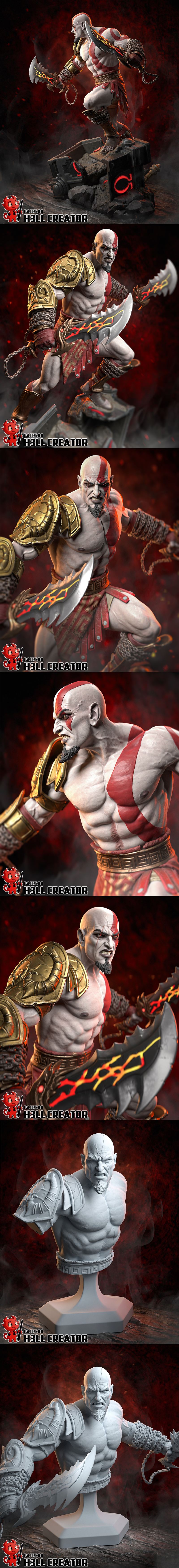 Kratos from God of War, a muscular male warrior with white skin and red facial markings, wearing golden armor and a r...