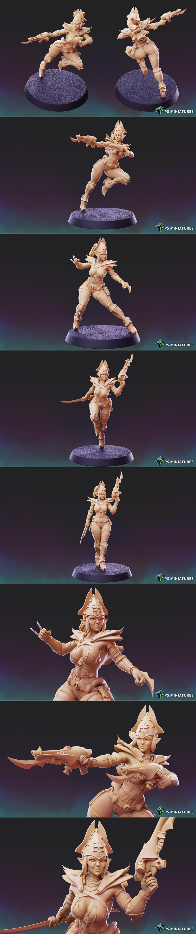 Collection of Dark Space Elf Witch miniatures, each with unique armor, swords, and guns, posed dynamically on round b...
