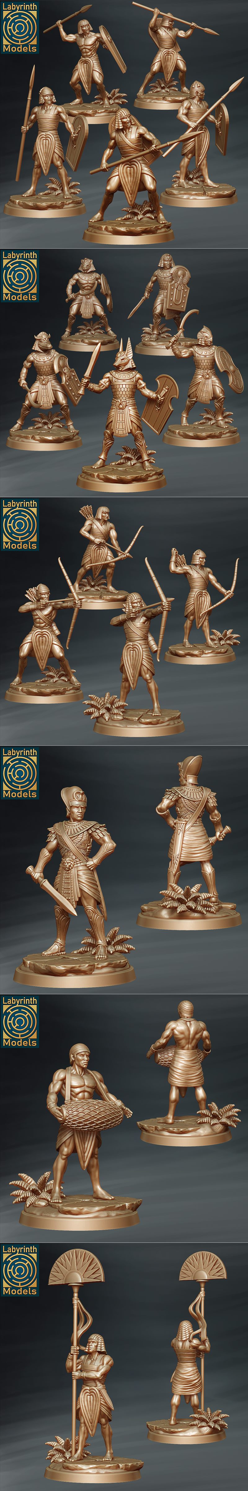 Collection of ancient Egyptian-themed miniatures by Labyrinth Models, featuring warriors with shields, swords, axes,...