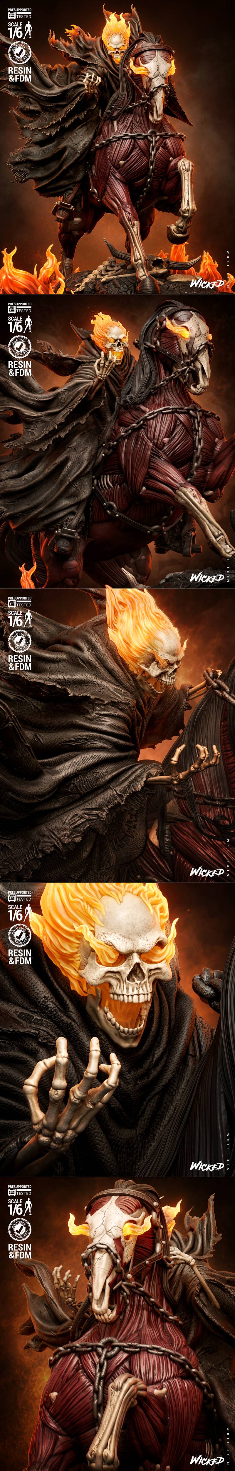 Ghost Rider Caleb sculpture on a muscular horse with exposed anatomy, chains, and fiery skull head. Base features fla...