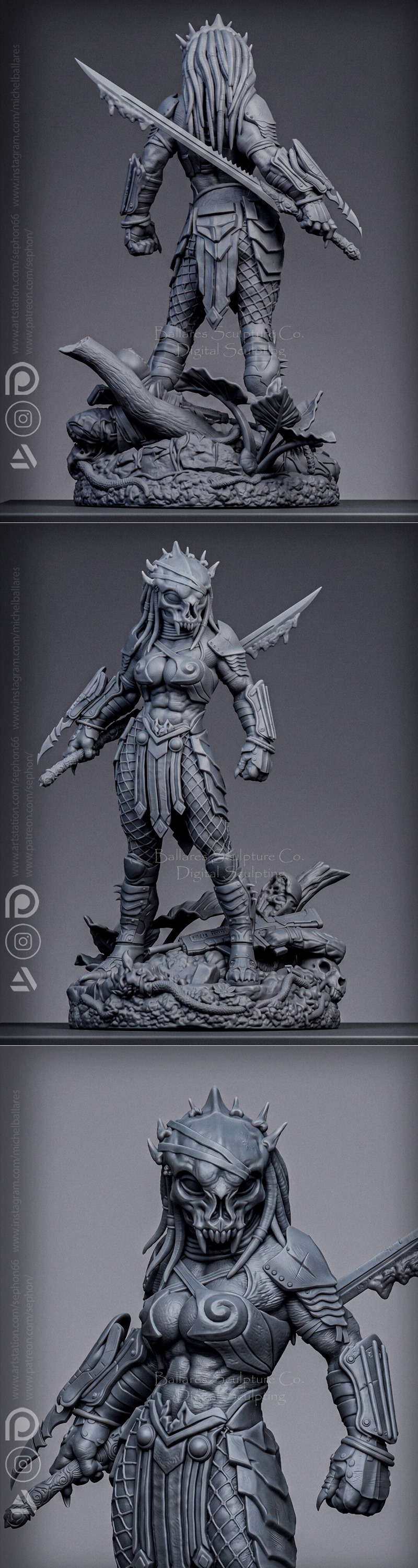 Predator Female figure in detailed armor, holding a bloody blade, standing on a diorama base with skulls and trophies...