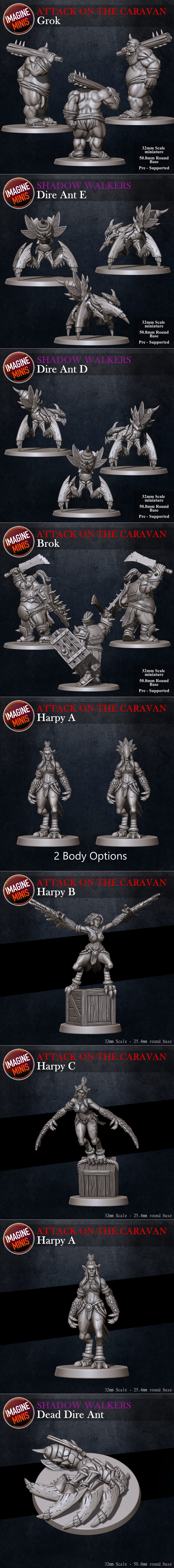 Collection of fantasy miniatures including harpies with feathered wings and tribal attire, orcs, and a large insectoi...