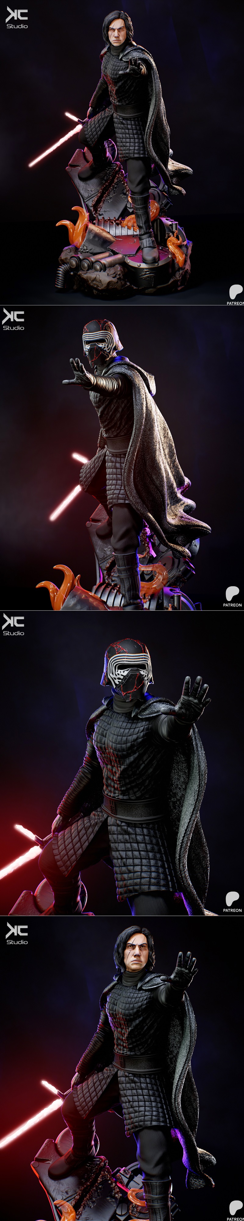 Kylo Ren figure by KcStudio, holding a red lightsaber, wearing a black quilted outfit and mask, standing on a rocky,...