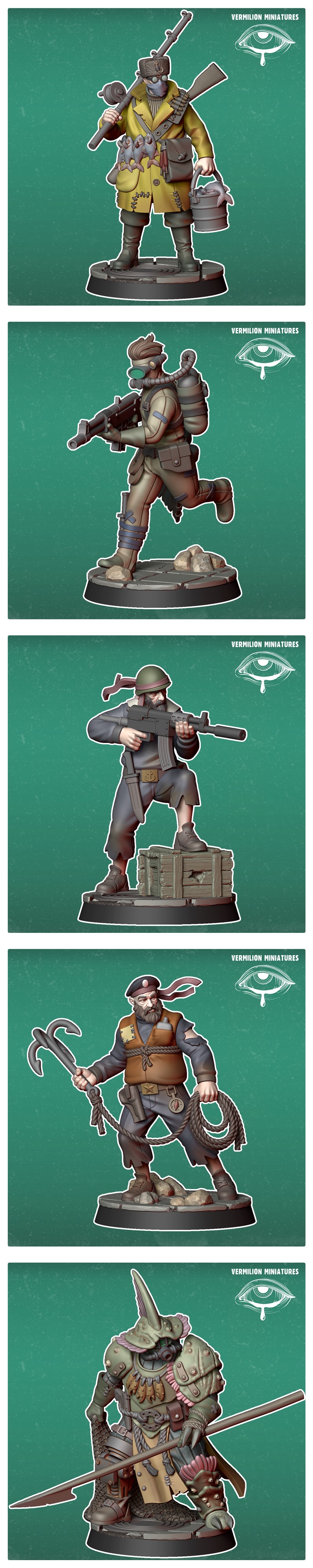 Collection of 3D printable miniatures: diver, sailor, armored soldier, mutated creatures, and a heavily armed figure,...