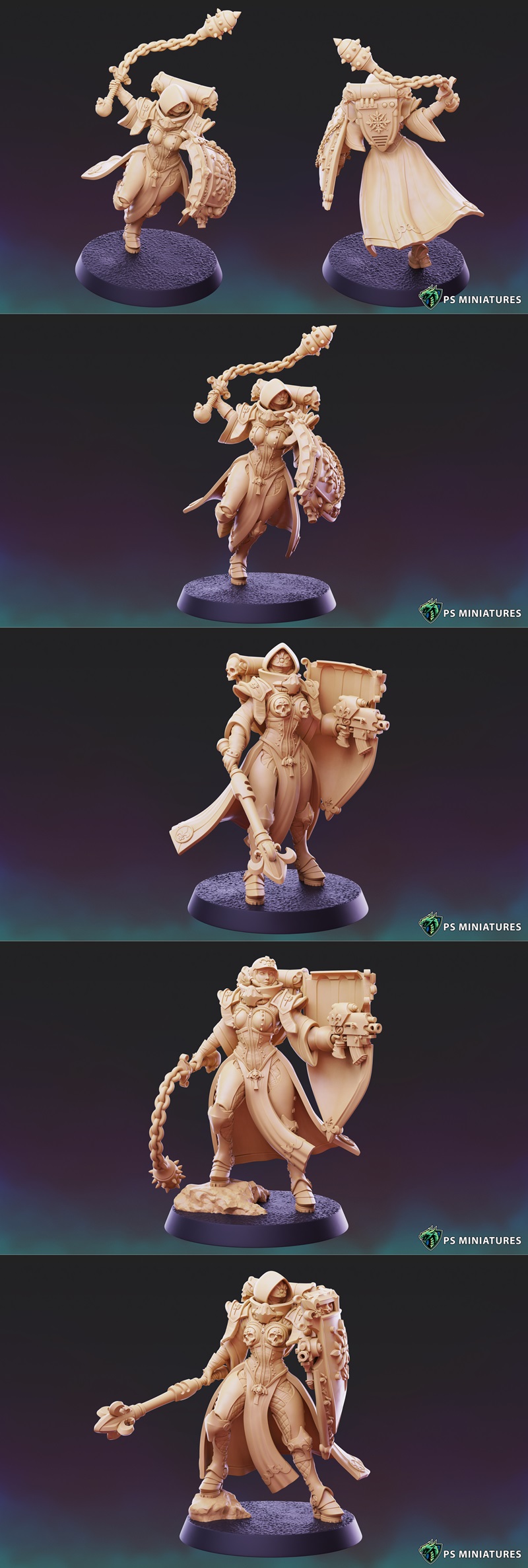 Three female warriors in ornate power armor, wielding shields and maces, on round bases. PS Miniatures logo visible.