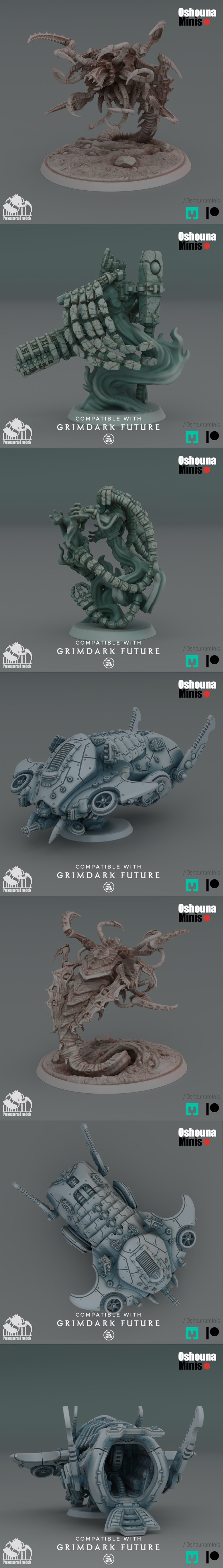 Collection of 3D printable sci-fi miniatures: a gunship vehicle, a cybernetic soldier with a large weapon, and a grot...