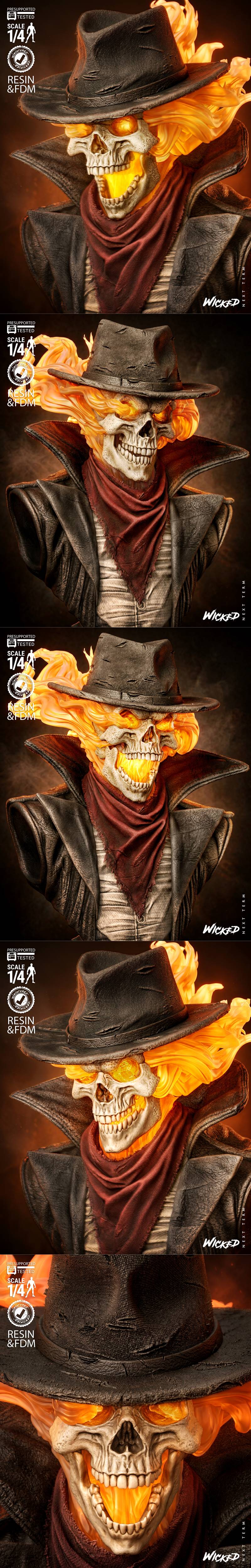 Ghost Rider bust 3D model with flaming skull head, cowboy hat, leather duster, and red bandana, on a fiery base. Scal...