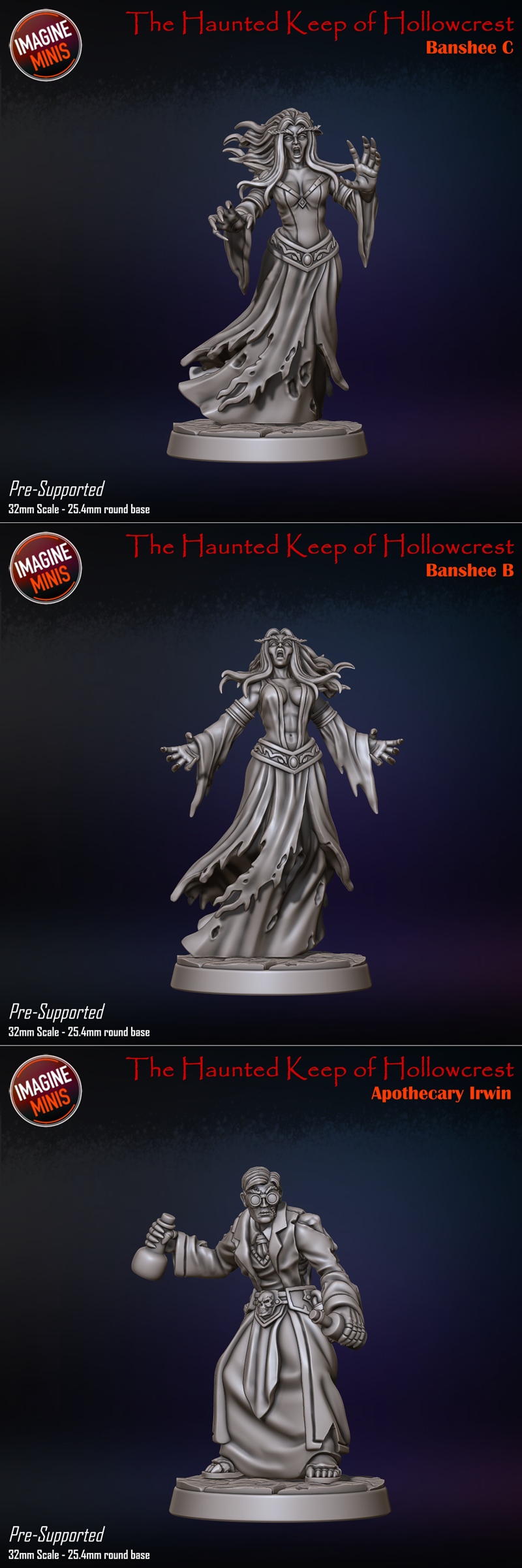 Collection of fantasy 3D printable miniatures from Imagine Minis, including elven warriors, steampunk-esque apothecar...