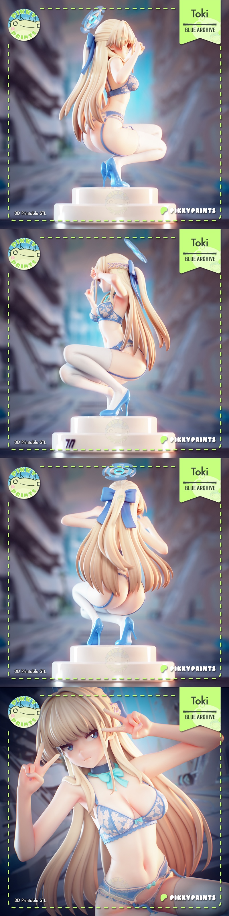 Toki Asuma from Blue Archive crouching in blue lace lingerie and white thigh-highs, hands near face, blonde hair, blu...
