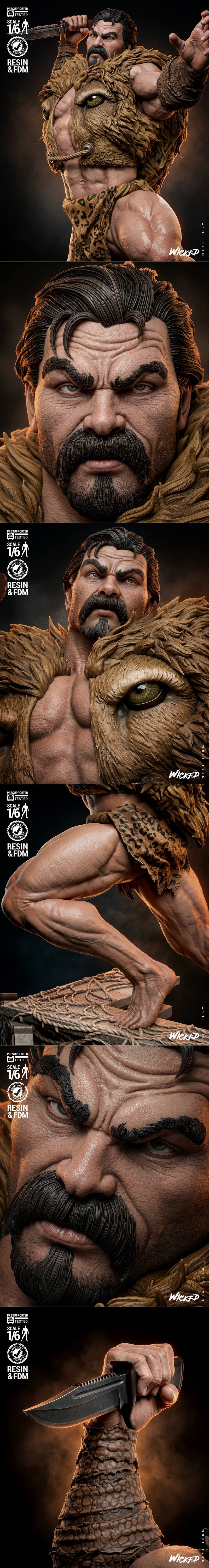 Kraven the Hunter figure in a powerful stance, holding a knife, wearing tribal fur and leopard print, with 'The Amazi...