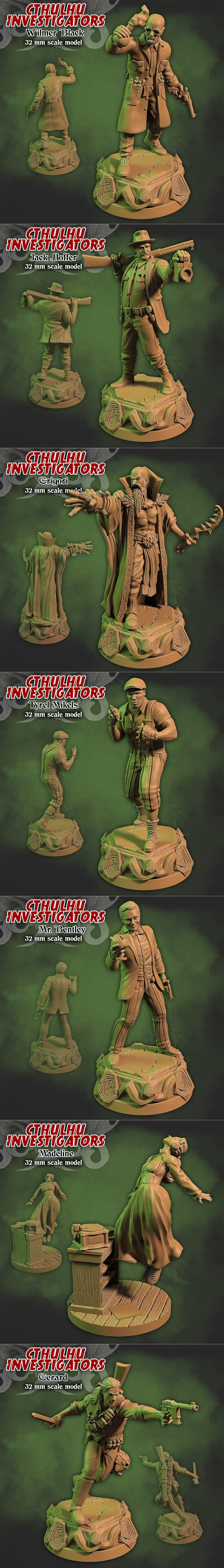 Collection of 32mm scale Cthulhu Investigators miniatures: Saturday with knife, Thelma with books, Ellie Replay with...