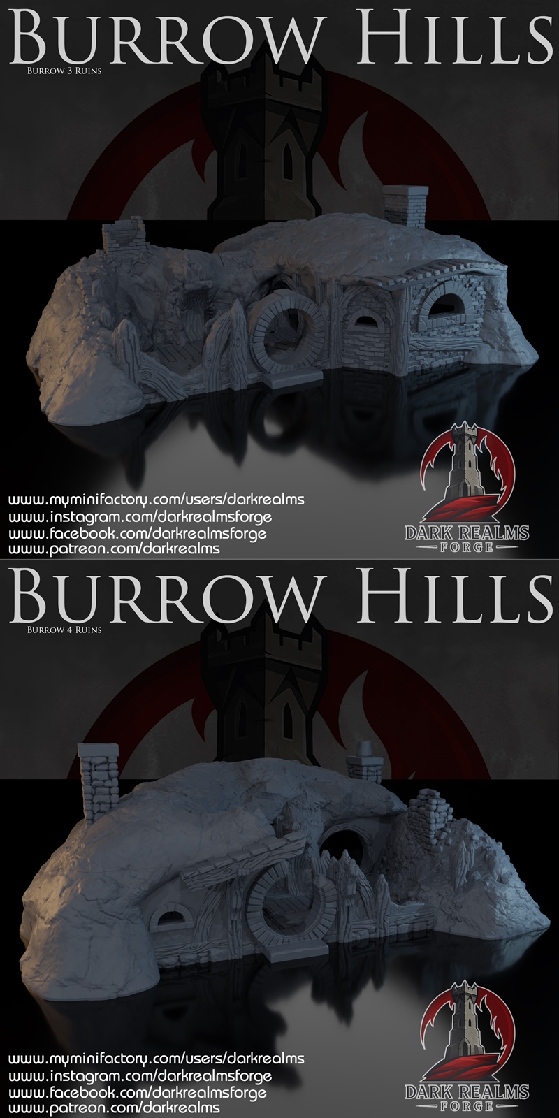 3D models of ruined fantasy structures: a watermill, a windmill, and other stone ruins, presented by Dark Realms Forge.