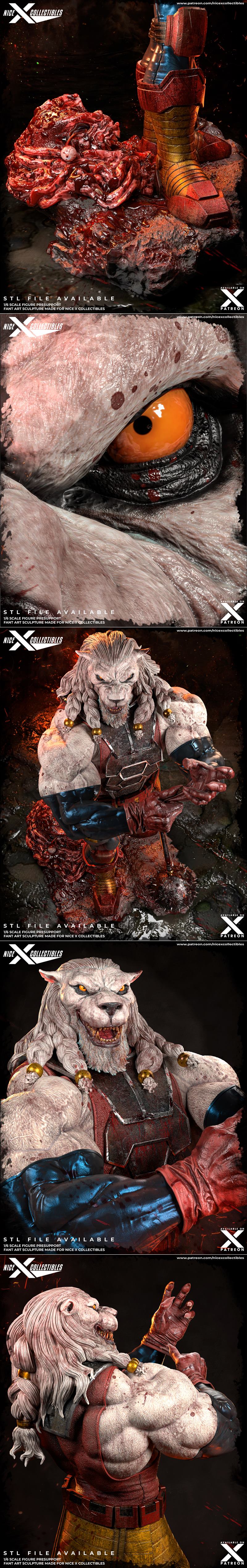 Battle Beast character, a muscular, white-furred beastman with a snarling face and sharp claws, wearing armor and hol...