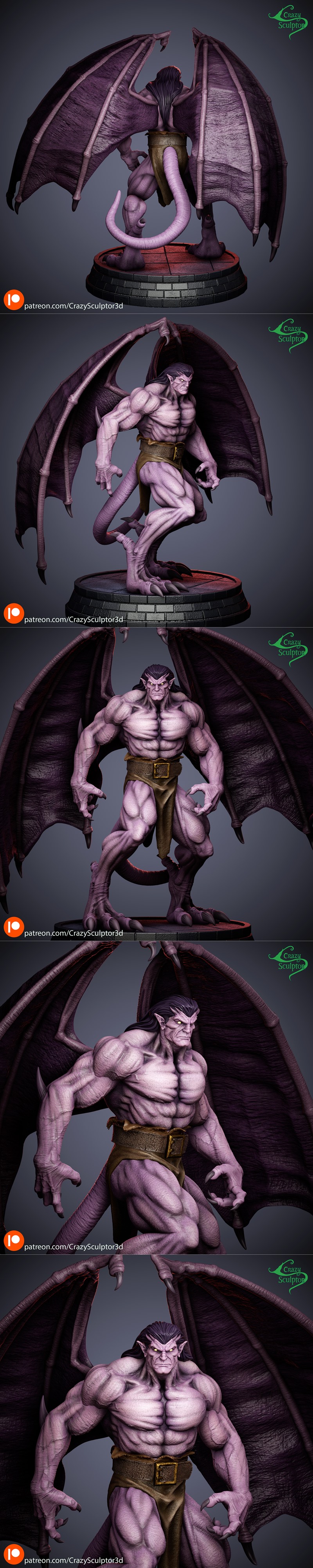 Muscular purple gargoyle with large dark wings, wearing a loincloth and belt, standing on a stone base. Detailed scul...