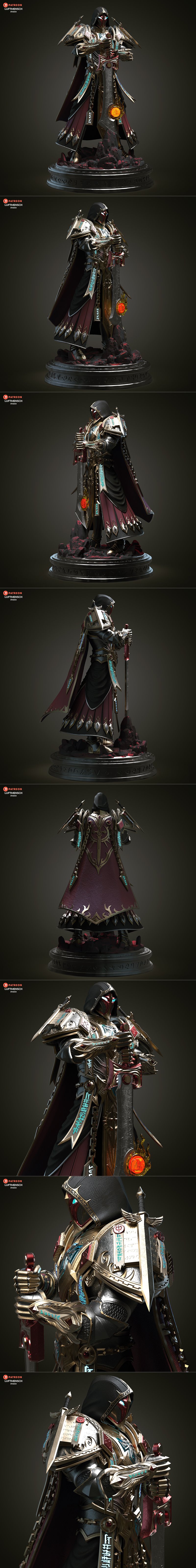 Ornate Paladin figure with glowing red eyes, holding a large sword, wearing a hooded cowl and detailed armor, standin...