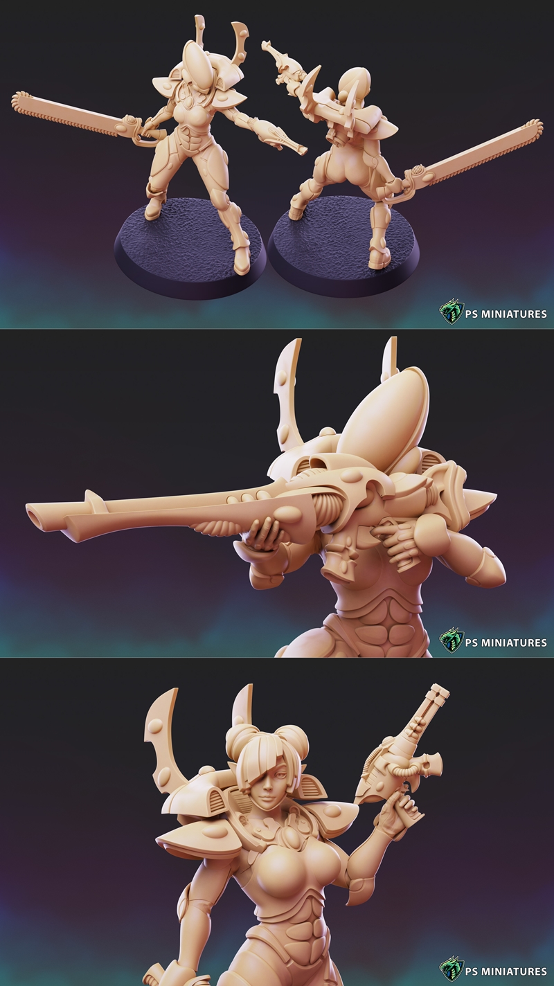 Three female Space Elf miniatures in sci-fi armor, holding rifles and chainswords, posed dynamically on textured base...