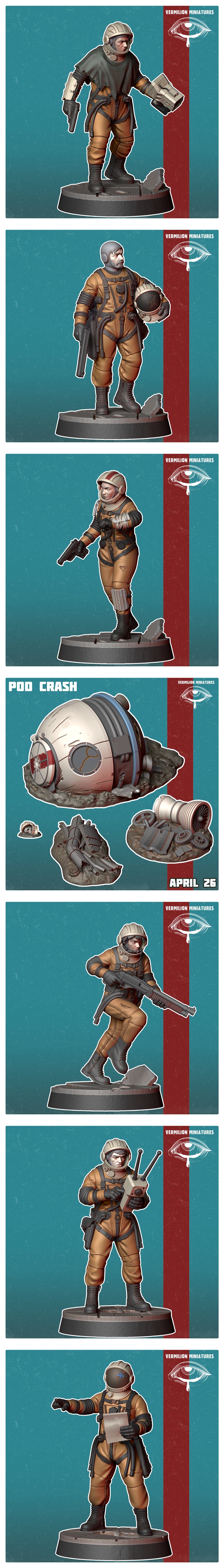 Collection of sci-fi cosmonaut miniatures by Vermilion Miniatures, featuring figures with helmets, orange suits, weap...