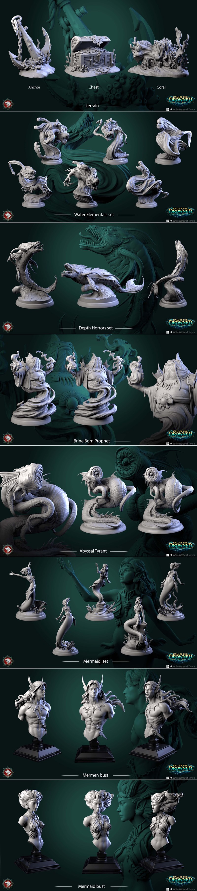 Collection of White Werewolf Tavern 3D print models: mermen, a large Drowned Mother diorama with tentacles, and Drown...