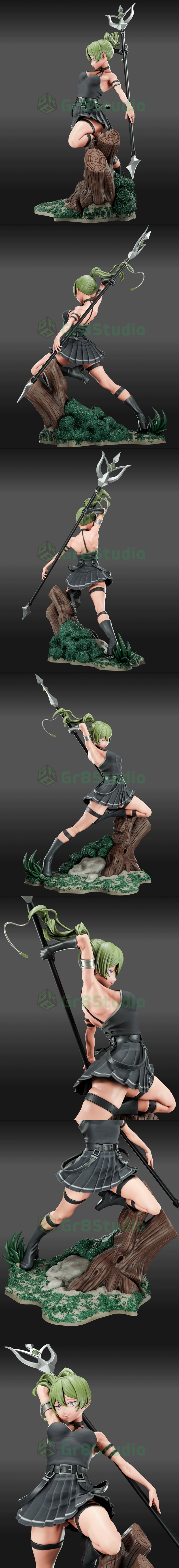 Ubel from Sousou no Frieren anime character 3D model, posed dynamically with a staff, wearing a dark top and pleated...
