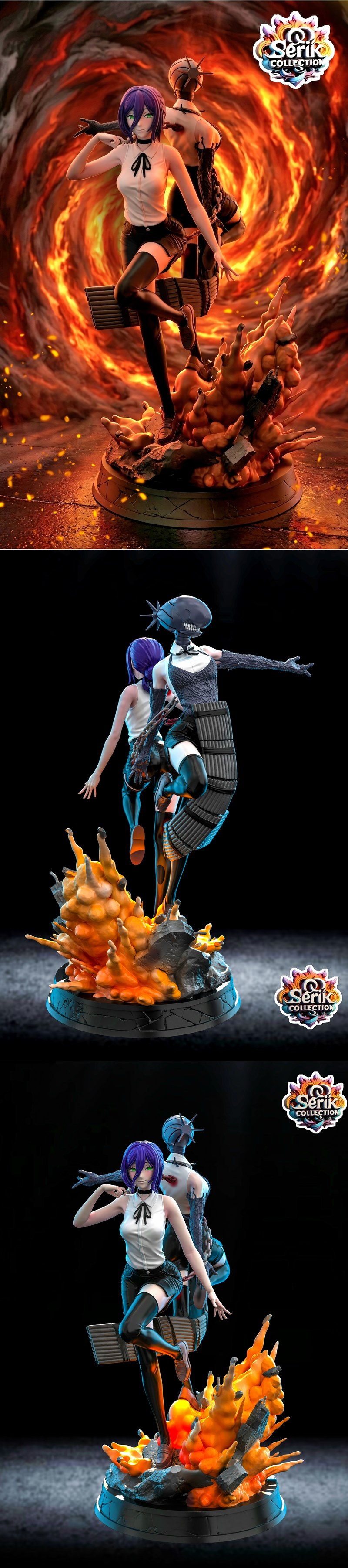 3D model figure of Reze from Chainsaw Man, posed dynamically amidst swirling fire and explosions, wearing a dark outf...
