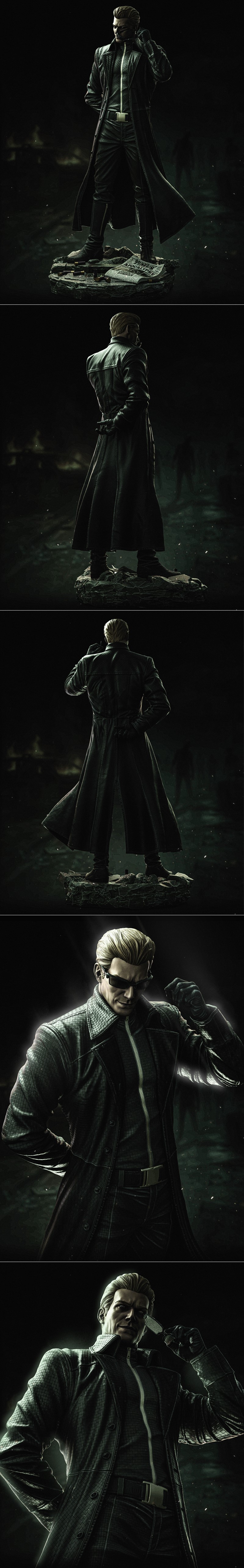 3D model of Albert Wesker from Resident Evil, wearing a long black trench coat and tactical gear, standing on a rocky...