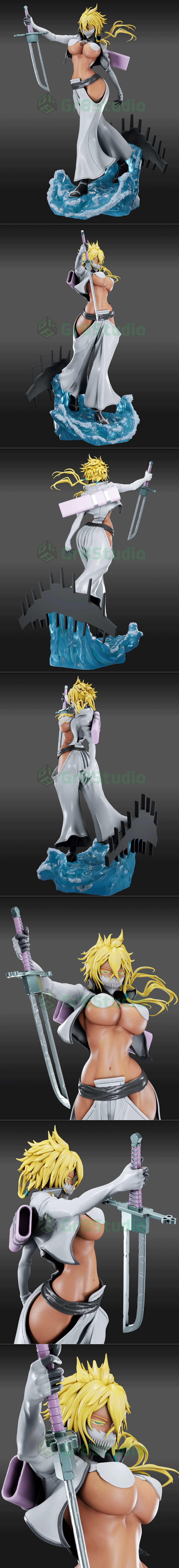 3D model of Tier Harribel from Bleach, a female anime character with blonde hair, mask, and revealing white outfit, h...