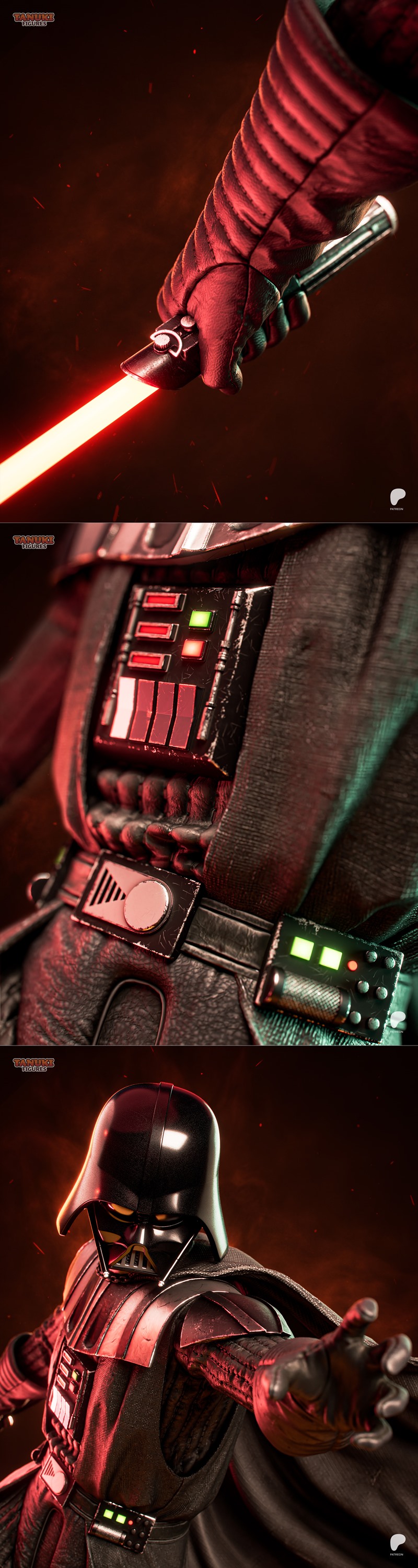 Darth Vader figure with a red lightsaber, standing on a rocky, lava-filled base. His black cape billows dramatically....