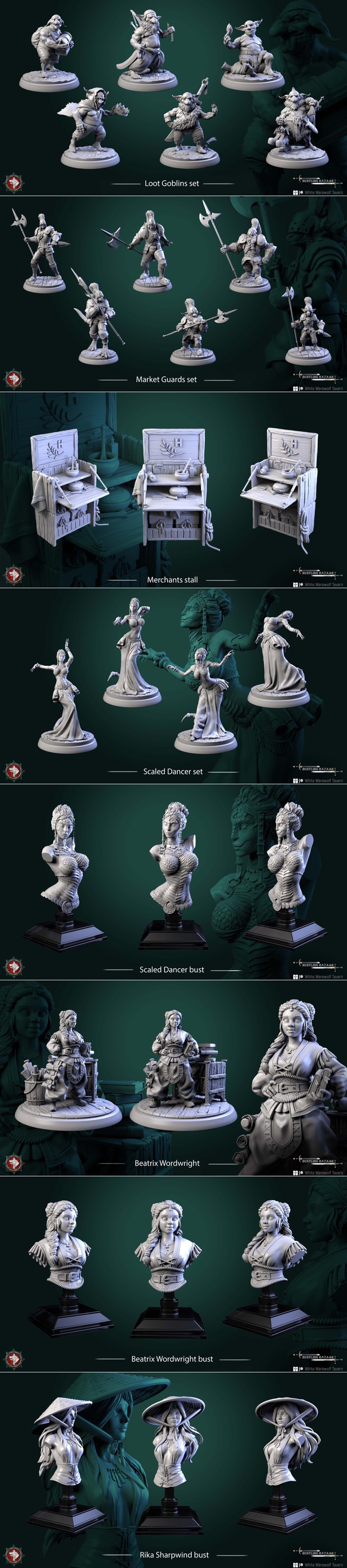 Collection of fantasy 3D printable miniatures and busts from White Werewolf Tavern, including Clover Mossroot and Rik...