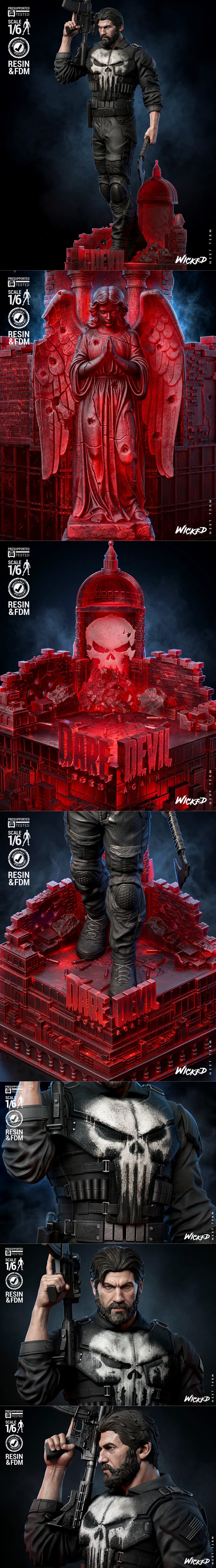 The Punisher 3D model sculpture, scale 1/6, holding a shotgun and axe, wearing tactical gear with skull emblem, stand...
