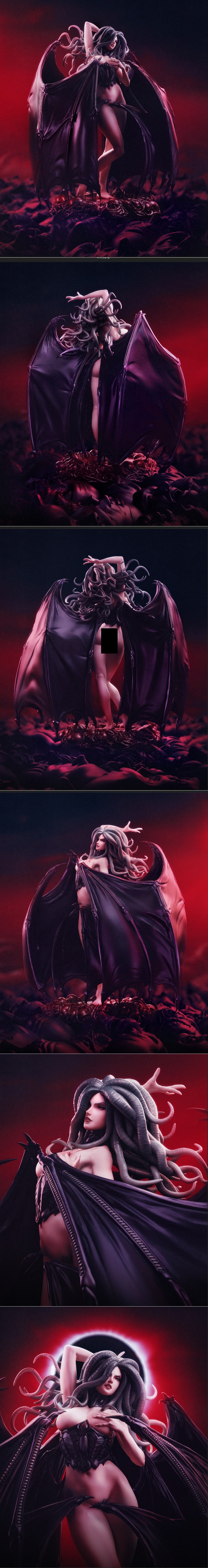 Slan figure with large black wings, serpentine hair, and dark, revealing attire, standing on a base of demonic skulls...