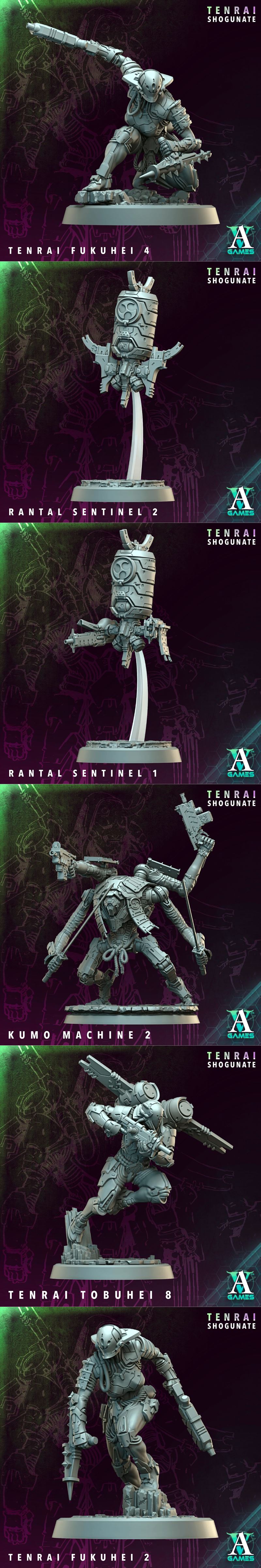 Collection of sci-fi samurai miniatures: Tobuhei Kyoshi with multiple arms and guns, Tenrai Tobuhei 6 in combat pose,...