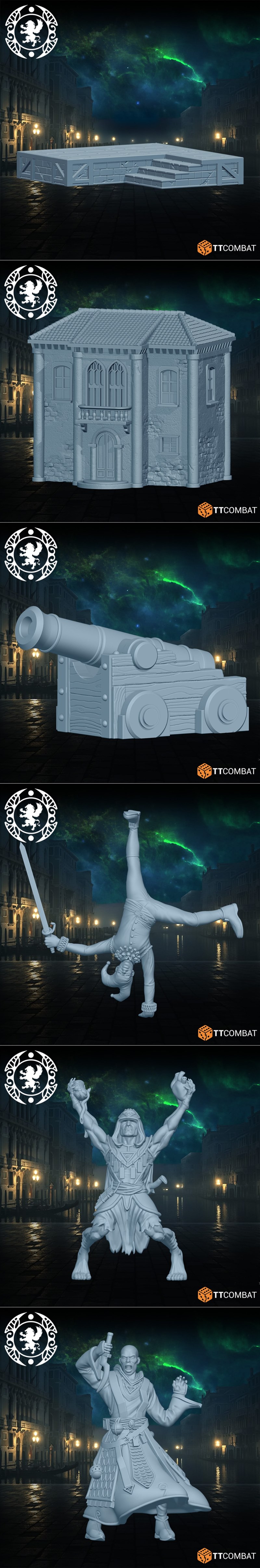 Collection of four fantasy miniatures: a sea god with trident, a gaunt monster, and two armored figures, all from TTC...